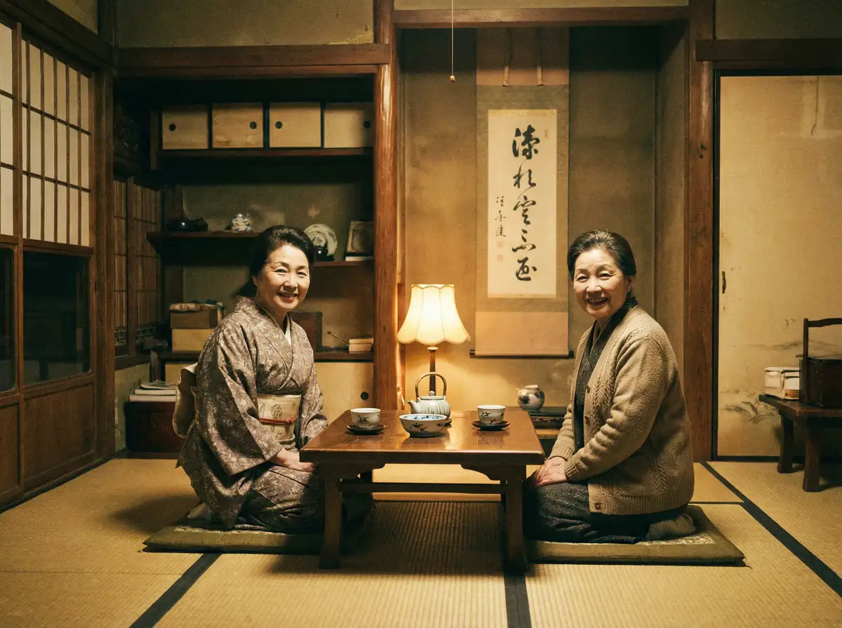 两位优雅的 天天体育网官网 在日式茶室中品茶交谈